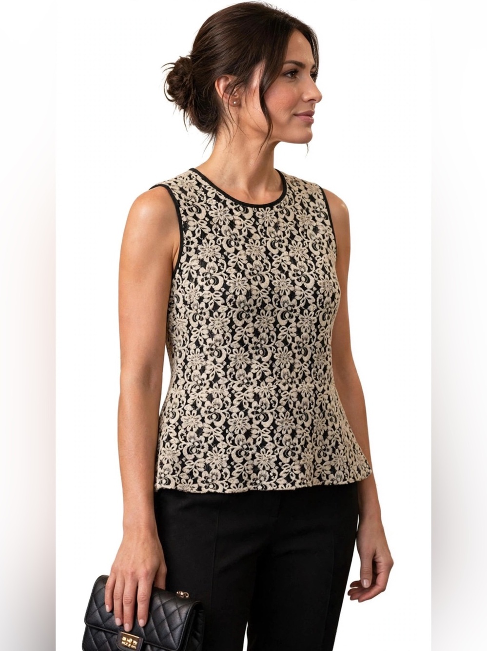 Kasper Designer Black Top Cream Gold tone Floral Lace Shell Overlay 8-10 Medium